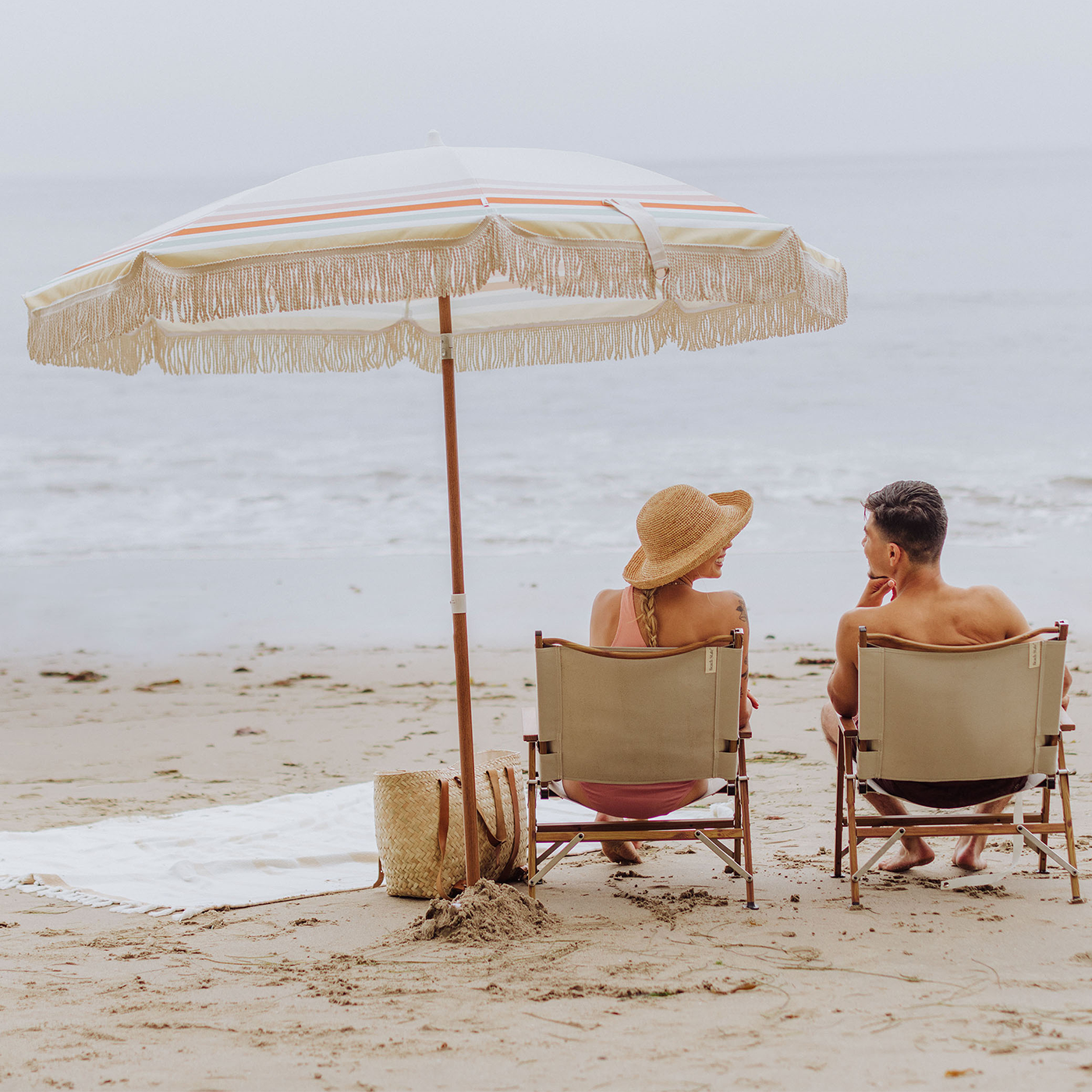 Discovyer your Beach State of Mind - Woman & Man in 2 Beach State Las Palmas Beach Chairs with a Waikiki Summerland Beach Umbrealla